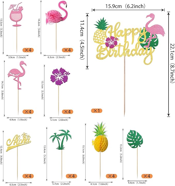 33 Pack Happy Birthday Cake Topper Tropical Luau Cake Pick Glitter Flamingo Plam Leave Pineapple Cupcake Decoration for Summer Baby Shower Birthday Party Supplies