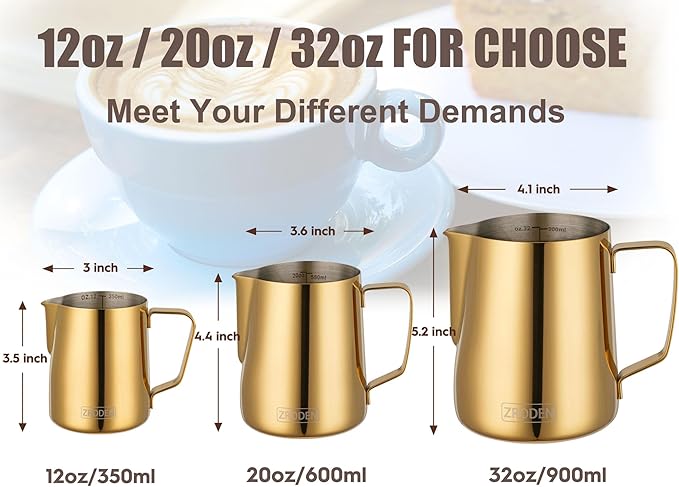Milk Frothing Pitcher, 32oz Espresso Steaming Pitchers Stainless Steel Cappuccino Coffee Machine Accessories Barista Tools Steam Froth Pitchers Milk Jug Cup with Decorating Pen Latte Art, Gold