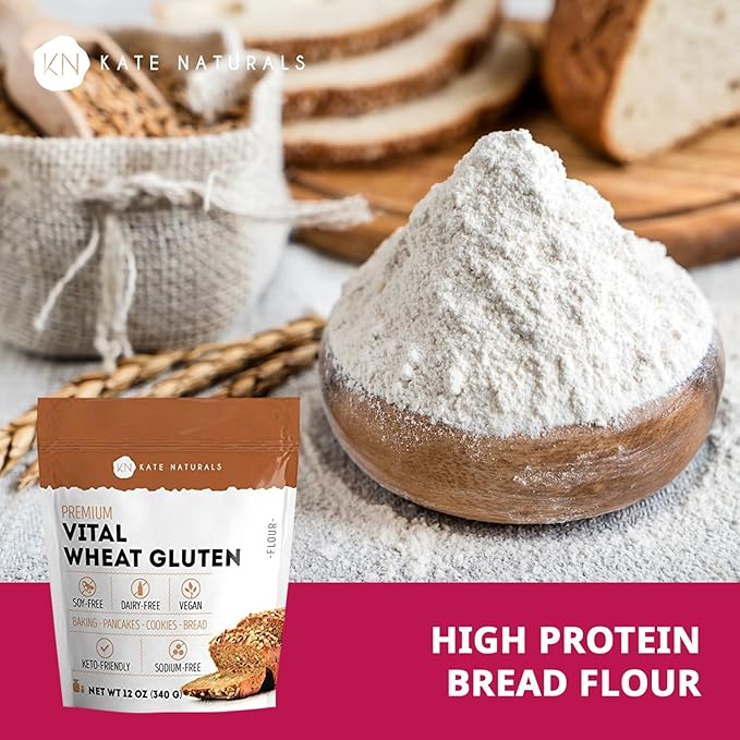 Kate Naturals Vital Wheat Gluten for Bread Making, Baking & Seitan. Compatible with Bread Machine (12oz, High Protein Flour)