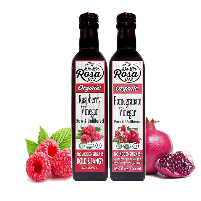 De La Rosa Organic Raspberry & Pomegranate Vinegar, Raw & Unfiltered, Vegan, Gluten Free & Kosher, Great for Organic Salad Dressing and Marinades, 100% Pure Vinegars 16.9 Oz (Pack of 2)