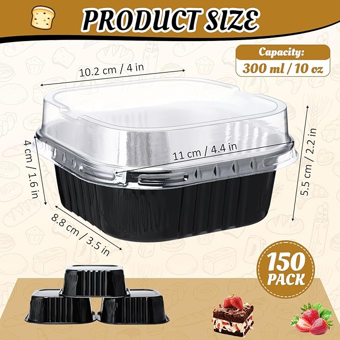 Aoriher 150 Pieces 10 oz Mini Cake Pans with Lids Aluminum Foil Baking Cups Square Disposable 4" x 4" Large Cupcake Cups Baking Tins for Kitchen Brownie Pudding Desserts Holders(Black)