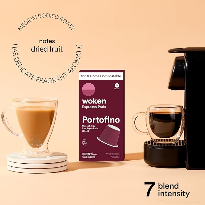 WOKEN COFFEE Compostable Nespresso Pods - Portofino Medium Roast Italian Espresso Coffee Capsules Compatible With Nespresso Coffee Machine (100 Pod Count, 10 Boxes)