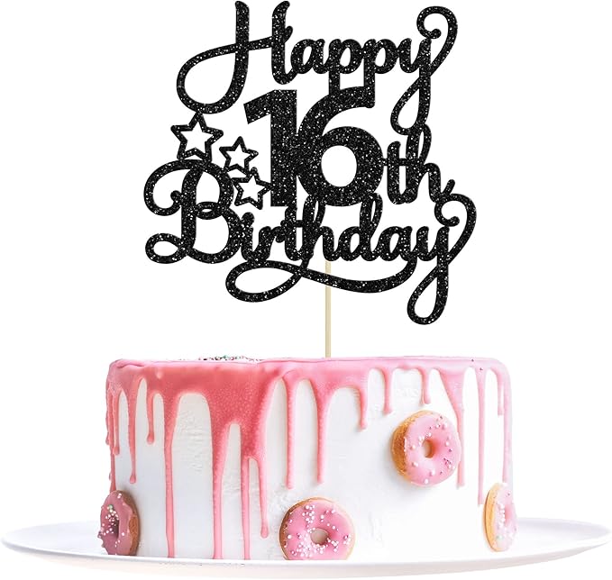 1 Pack Happy 16th Birthday Cake Topper Glitter Sweet 16 Cake Pick Decorations for Children Theme Party Supplies Black