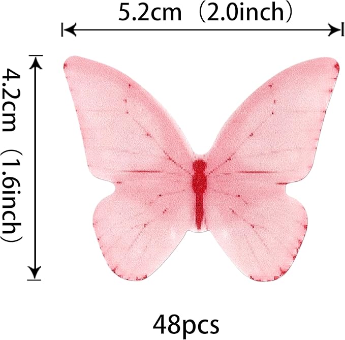48 PCS Edible Butterfly Cupcake Toppers - Wafer Paper for Cake Decorating - Pink Butterfly Theme Baby Shower, Wedding, Birthday Party Cake Decorations Supplies