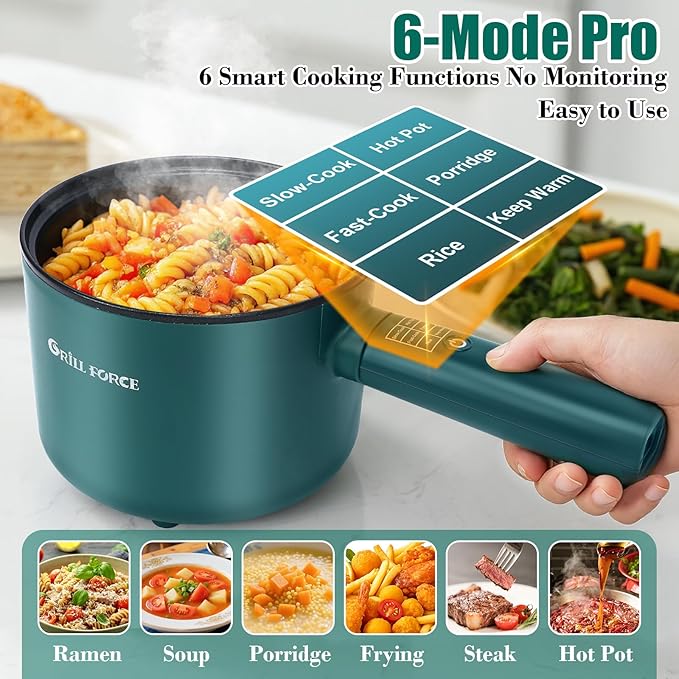 Hot Pot Electric with Steamer,6 Smart Modes, 1.8L Ramen Cooker, Portable Cooker, Non-Stick Frying Pan, Saut챕 Pan, Electric Pot for Pasta, Egg, Steak, BPA Free, College Dorm Room Essential