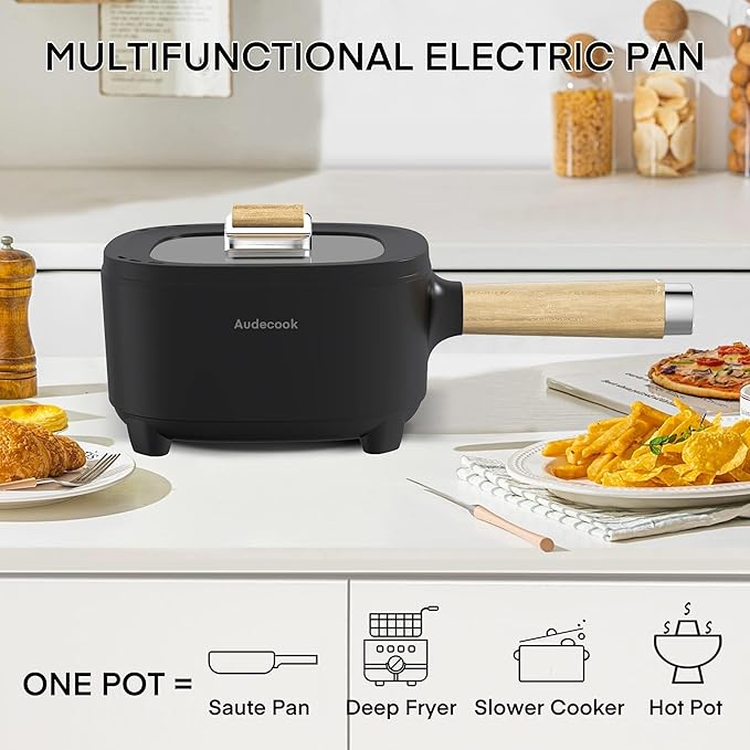 Audecook Hot Pot Electric 2L, Cermic Glaze Non-Stick Frying Pan 8 Inch, Portable Travel Cooker for Ramen/Steak/Fried Rice/Oatmeal/Soup, with Dual Power Control (Silicone Spatula Included)