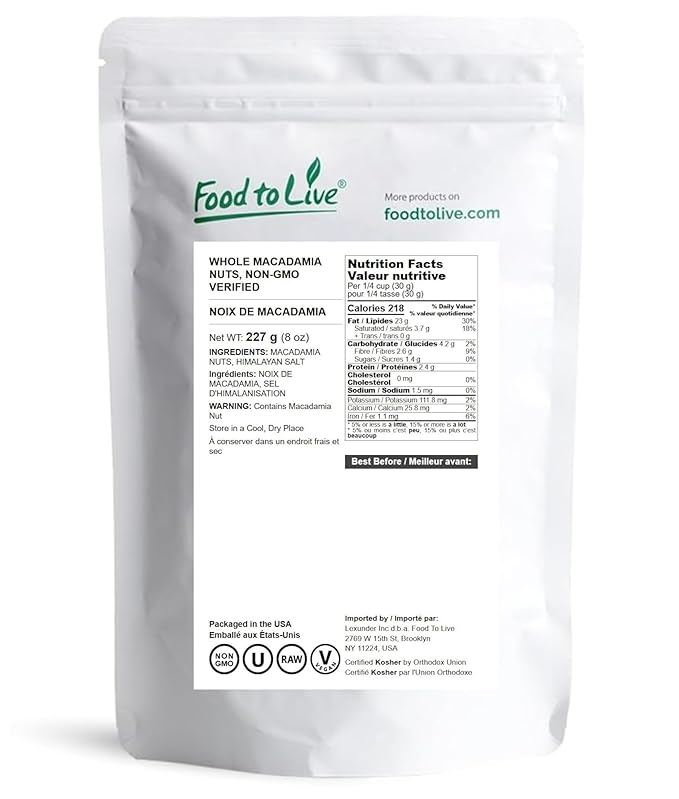 Food to Live Whole Macadamia Nuts, 8 Ounces – Non-GMO Verified, Raw, Unsalted, Unroasted, Keto Friendly, Kosher, Vegan, Bulk, Great as Snack and for Baking, Good Source of Manganese, Thiamin, & Copper