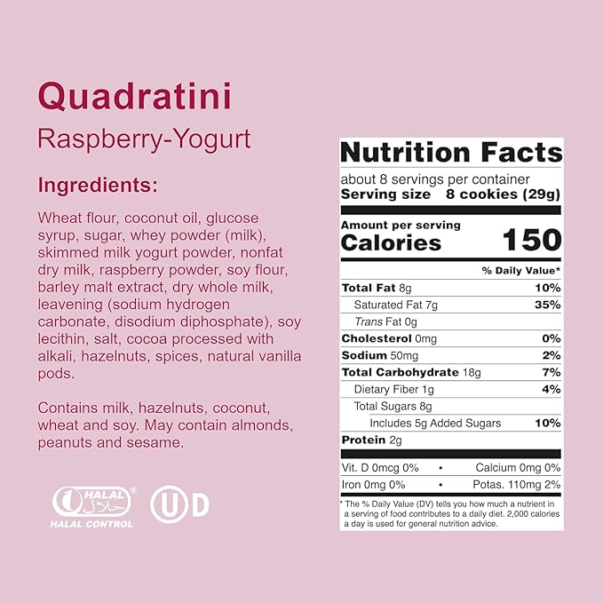 Loacker Quadratini Raspberry Yogurt Wafer Cookies LARGE - 30% Less Sugar - Premium Crispy Bite Size Wafers - LARGE Pack of 6