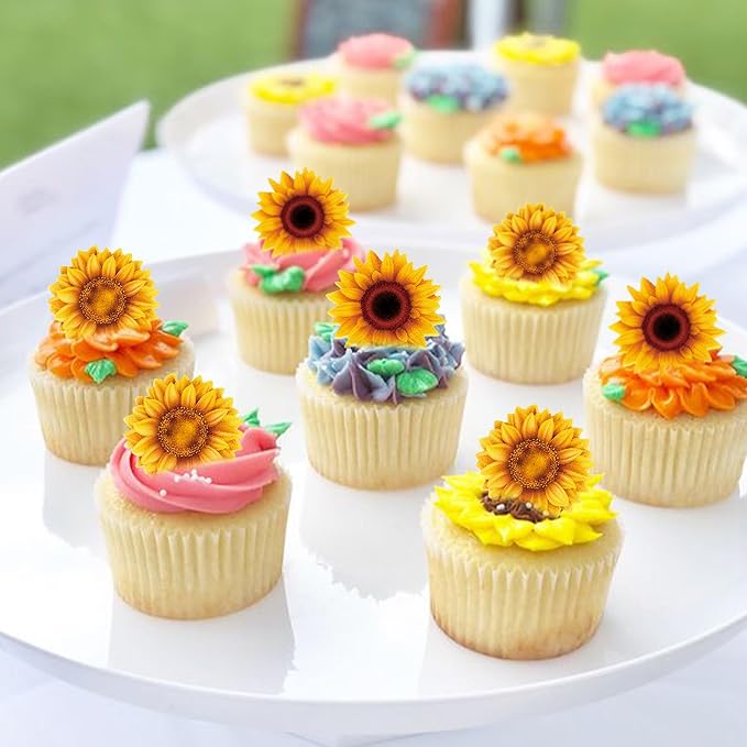 40Pcs Edible Sunflower Cupcake Toppers Wafer Paper Flower Themed Party Birthday Toppers Drink Topper Picks Girl Birthday Theme Cake Decorations for Supplies Anniversary Party Decoration