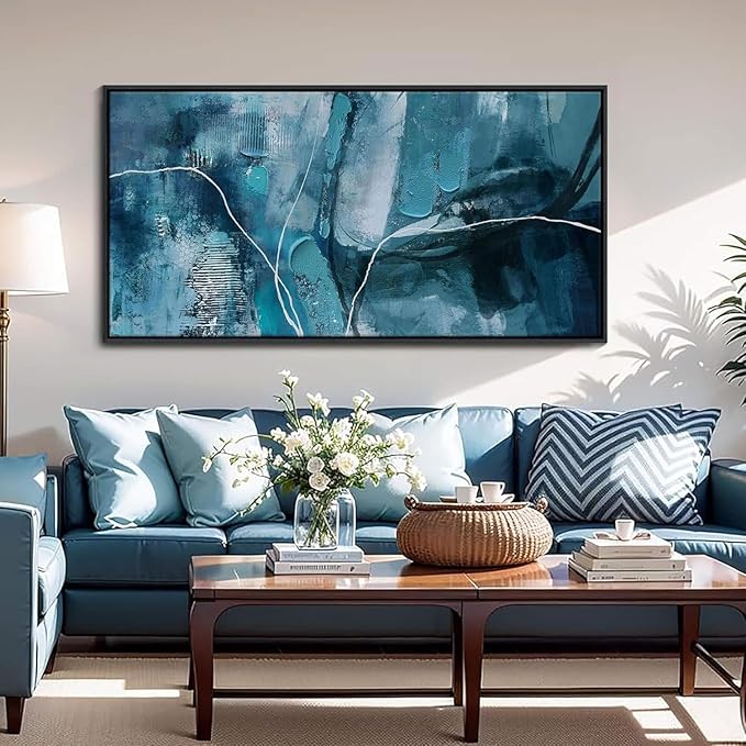 Abstract Canvas Wall Art -Blue-Green and Fan Art Large Wall Art for Living Room Bedroom Decor Framed Pictures Artwork for Walls Size 20x40Inches