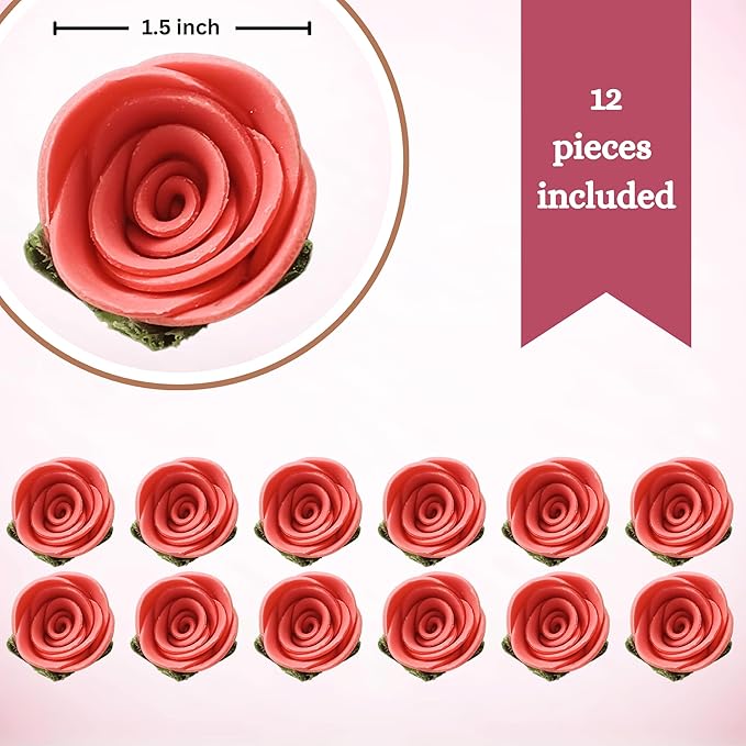 Confect Edible Coral Rose Cake Toppers | Handmade Edible Roses for Cakes, Cupcakes & Donuts | Floral Sugar Decorations for Wedding, Birthday & Festive Desserts ??Pack of 12