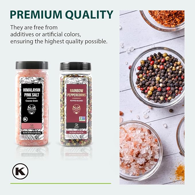 Soeos Himalayan Pink Salt and Rainbow Peppercorn Grinder Refills, 18oz Salt & 8oz Peppercorns, Kosher Seasoning Set for Cooking