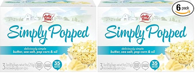 Jolly Time Simply Popped - Lightly Salted Microwave Popcorn, 3oz Sharing Bag, 3 Bags Per Carton (Simply Popped Butter, 3 Ounce (Carton of 3)) (Pack of 2)