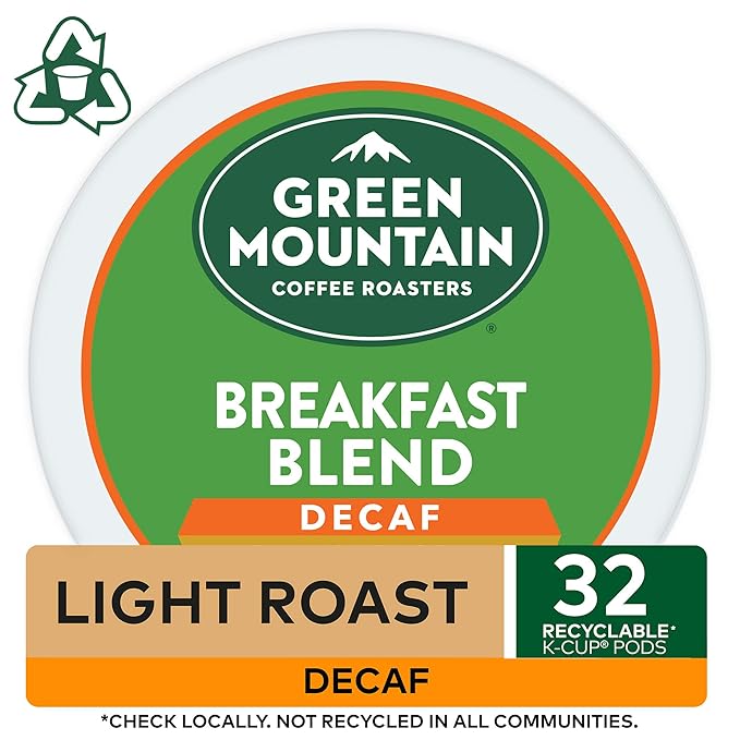 Green Mountain Coffee Roasters Decaf Breakfast Blend, Single-Serve Keurig K-Cup Pods, Light Roast Coffee, 32 Count (Pack of 4)
