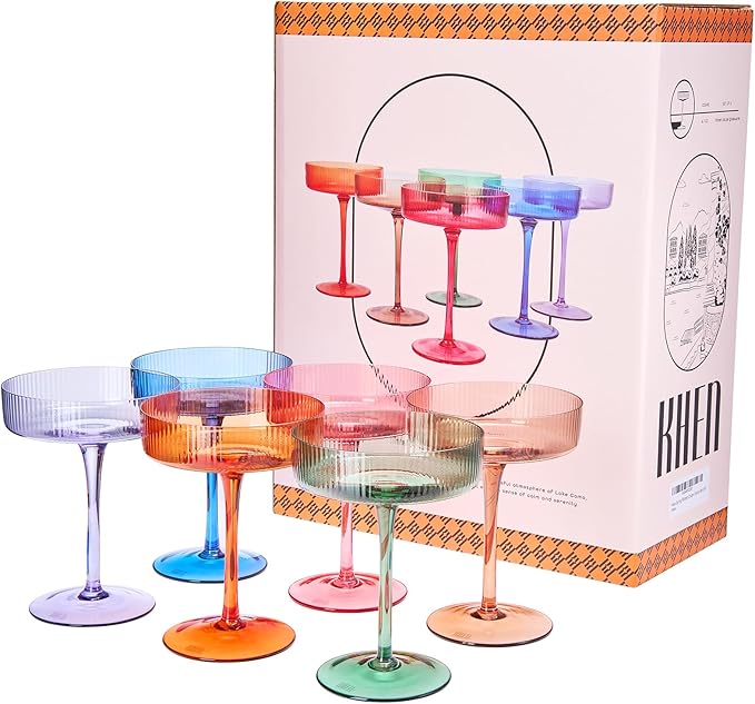 Khen Ribbed Vintage Art Deco Coupe Glasses - Martini, Champagne & Cocktail Ribbed Glasses 8oz | Cute Crystal Glassware Sets - Goblet Stemmed Ripple Glassware, Housewarming Glass, Fall/Holiday 6 Pieces