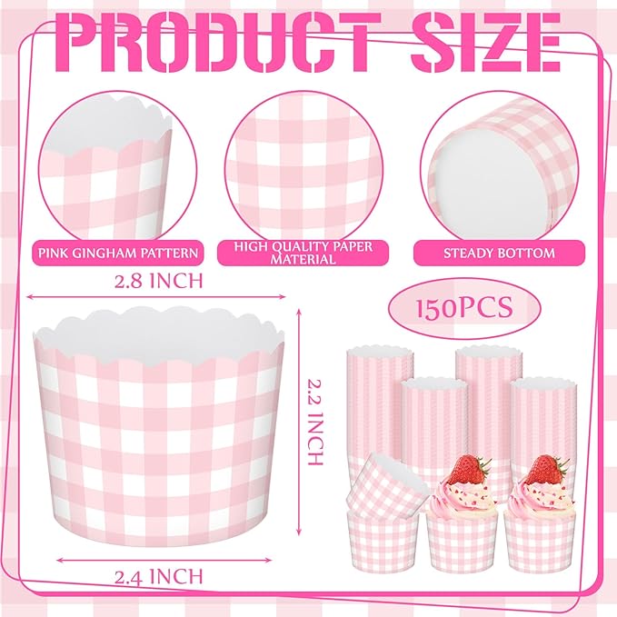 Vesici 150 Pcs Pink Gingham Ice Cream Cups 5oz Dessert Paper Bowls Gingham Scalloped Cupcake Cups Disposable Dessert Bowls for Food Sundae Frozen Yogurt Soup Party Supplies