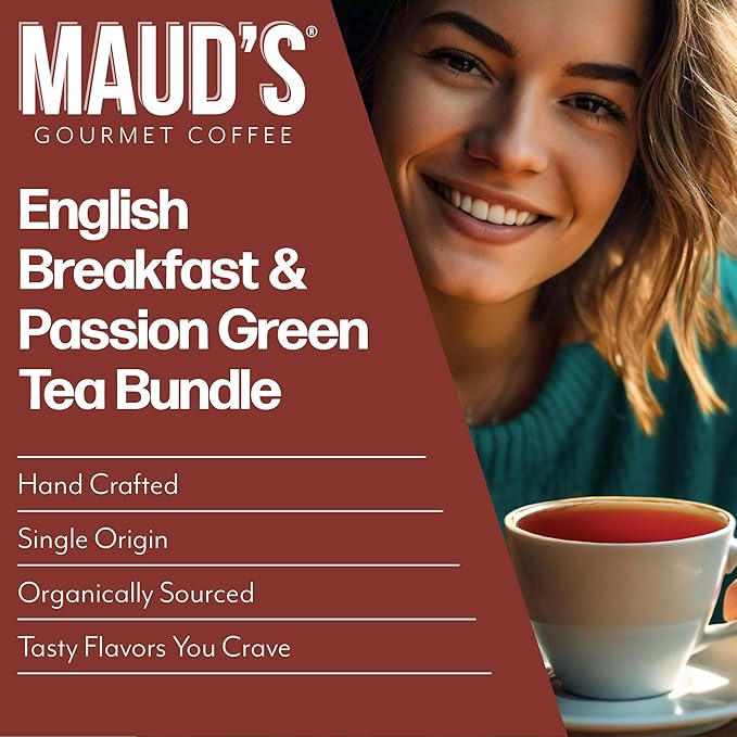 Maud's Organic Passion Green Tea & Organic English Breakfast Black Tea Bundle, 48 ct, Recyclable Single Serve Pods ??100% Gourmet Blended Tea Leaves, Compatible with Keurig K Cups Maker