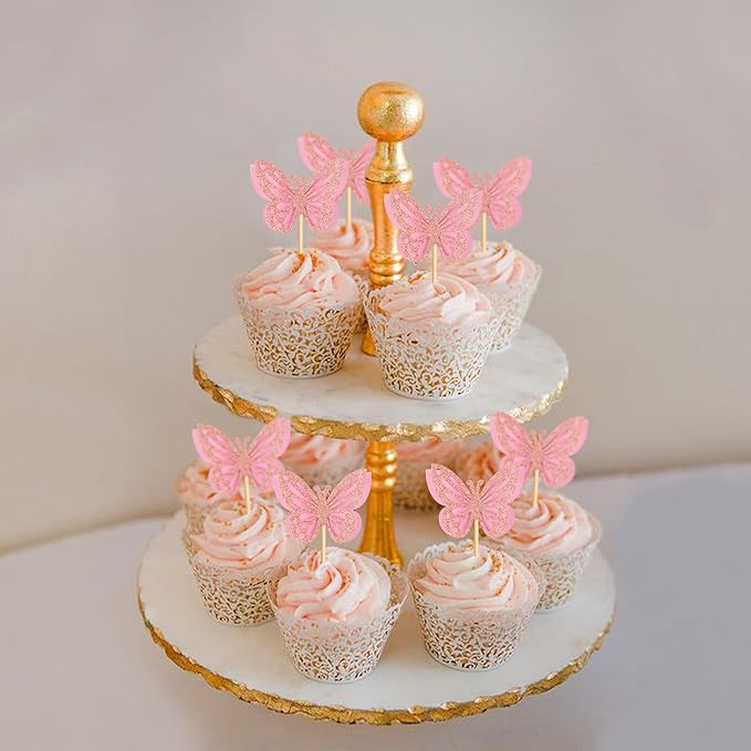 36PCS Butterfly Cupcake Toppers 3D Double Layers Hollow Cupcake Picks Baby Shower Cake Decorations Supplies for Butterfly Theme Wedding Anniversary Kids Birthday Party Pink