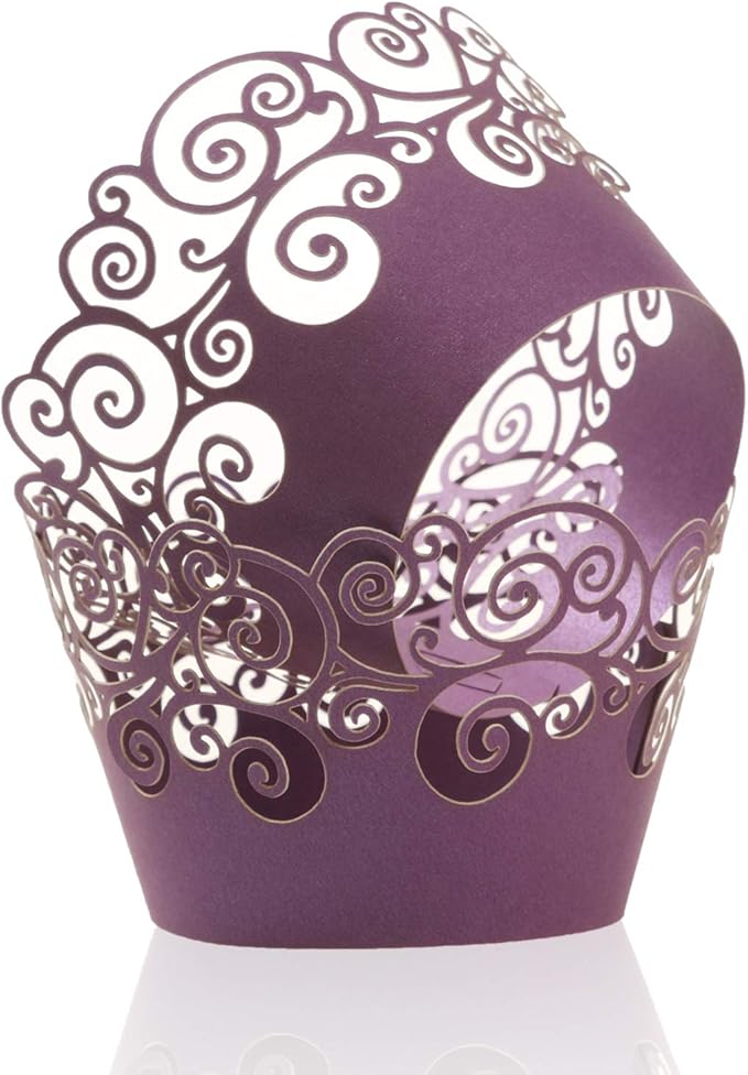 Cupcake Wrappers, KPOSIYA 100 Pack Cupcake Wraps Filigree Artistic Bake Cake Paper Cup Little Vine Laser Cut Liner Baking Cups Muffin Case Trays for Wedding Party Birthday Decoration (100, Purple)