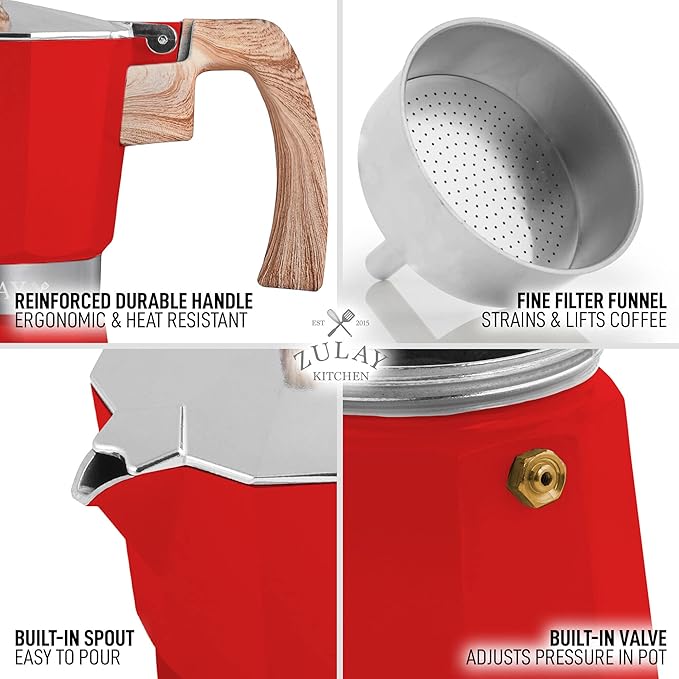 Zulay Kitchen Stovetop Espresso Maker - Moka Pot 3 Espresso Cups - Percolator Coffee Maker for Classic Cuban & Italian Style Espresso - Portable Coffee Maker for Camping & Travel - (Red)