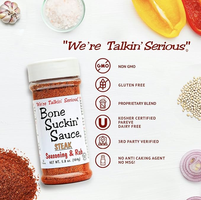 Bone Suckin' Steak Seasoning & Rub, 5.8 Oz - Grilling Rub, Dry Beef Rub, For Oven, Grilling & Pan Searing - Gluten-Free, Non-GMO, Sugar Free,Kosher, For: Meats & Veggies No Anti Caking Agent & No Msg!