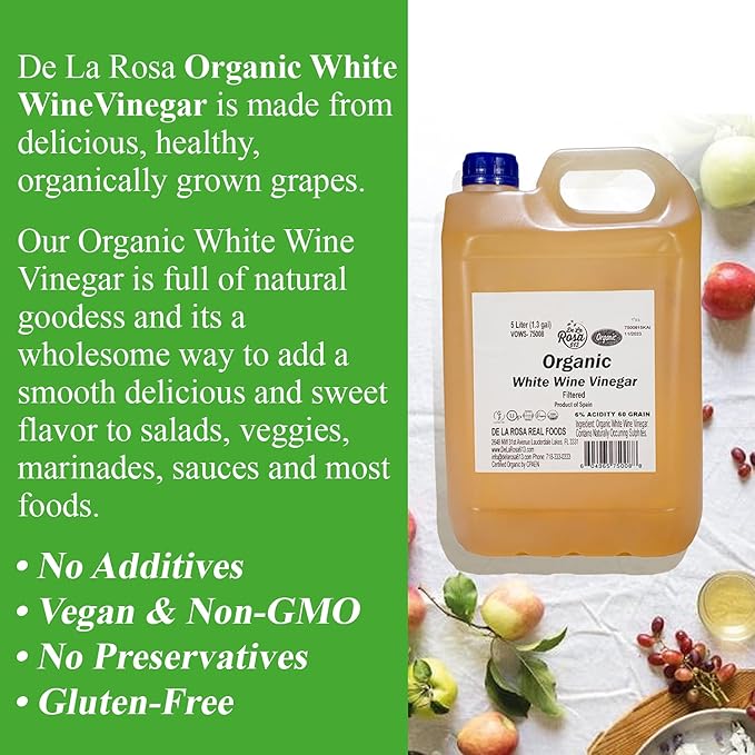 De La Rosa Organic White Wine Vinegar, Aged in Spanish Wood Barrels, Vegan, Non-GMO & Gluten Free, Kosher for Passover, Great for Salad Dressings, Marinades and More, 5 Liter (Pack of 1)