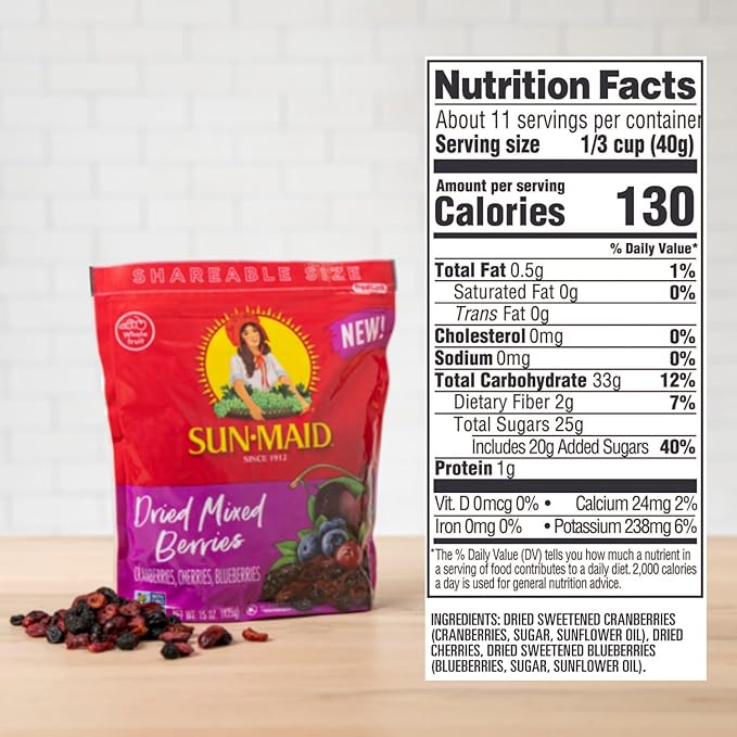 Sun-Maid Dried Mixed Berries - 15 oz Resealable Bag - Dried Cranberries, Cherries, Blueberries - Dried Fruit for School Snacks and Natural Sweeteners