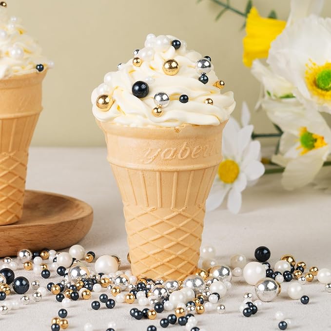 Sprinkles for Cake Decorating, Gold Silver White and Black Pearl Sugar Sprinkles Mix for Cookie Baking Ice Cream Cupcake Topping