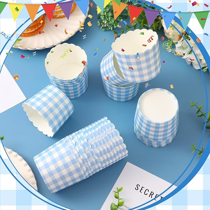 Vesici 150 Pcs Blue Gingham Ice Cream Cups 5oz Dessert Paper Bowls Gingham Scalloped Cupcake Cups Blue Disposable Dessert Bowls for Food Sundae Frozen Yogurt Soup Party Supplies