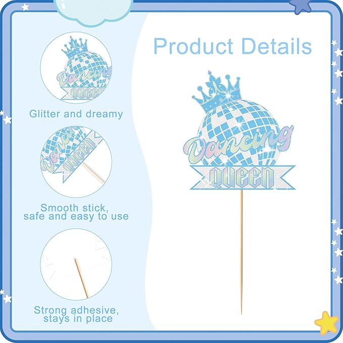 24Pcs Dance Queen Cupcake Toppers, Blue Disco Ball & Music Note Cupcake Decorations, Girl's 17th Birthday Party Supplies, Vintage Disco Theme