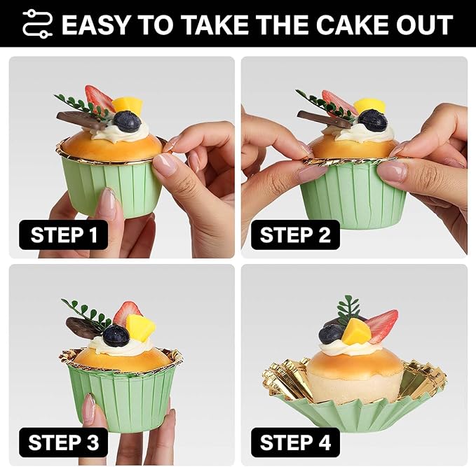 EUSOAR Cupcake Cups, 50pcs 3.5oz Muffin Cupcake Liners Disposable Ramekins, Aluminum Foil Wrappers Paper Dessert Containers Mini Cheesecakes Holders for Birthday Wedding Party-Light Green/Gold