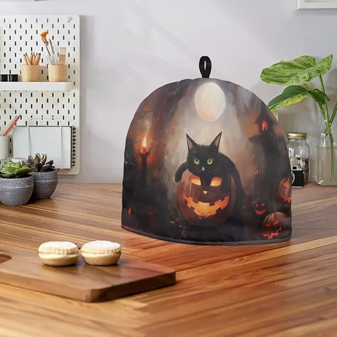 Halloween Decor Tea Cozy for Teapot Customized Teapot Covers Tea Kettle Warmer Cover Hanging Teapot Cover with Handle Black Cat Jack-o'-Lantern Dust Cover for Keeping Warm 竊뉰lack竊?"<div>