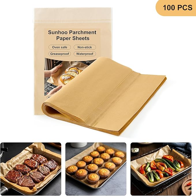 Sunhoo 100 PCS 10 x14" Parchment Paper Sheets for Baking Wrapping Paper Unbleached Air Fryer Oven Resist Sticking Bakery Liners Brown Precut Squares for Cooking Grilling Steaming Withstand up to 428??,<div>