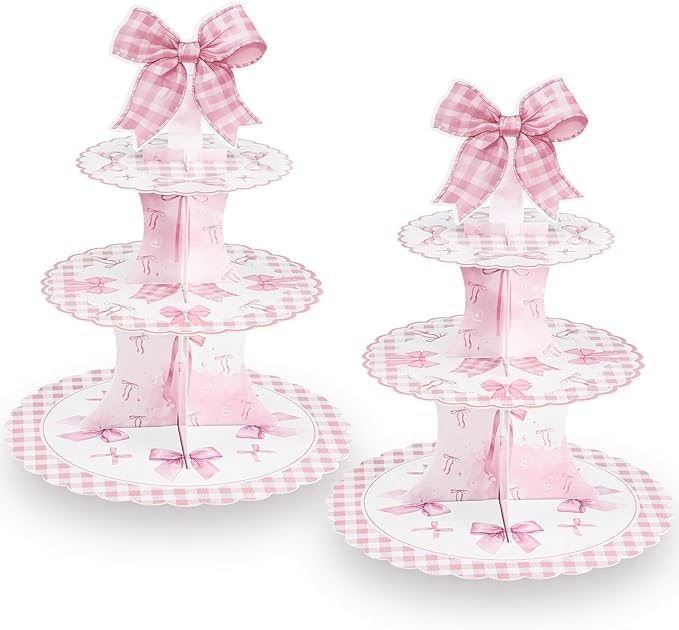 2 Pack Pink Bow Birthday Decorations Bow Cupcake Stand Coquette Theme Birthday Decorations for Women Girls Bachelorette Bridal Engagement Wedding Baby Shower Supplies