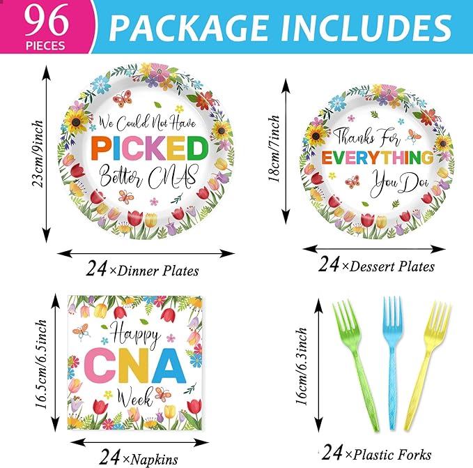 96PCS Happy CNA Week Party Decorations Nurse Week Plates and Napkins Thanks for Everything You Do Nursing Assistant Tableware Dinnerware Set for Doctors Day Medical School Grad Party Decor Supplies