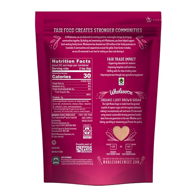 Wholesome Sweeteners 24-Ounce Organic Light Brown Sugar, Fair Trade, Non GMO, Gluten Free & Vegan, Sugar for Baking and Glazing, 1 Pack
