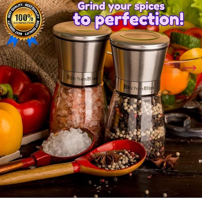 Professional Salt and Pepper Grinder Set ??Premium Stainless Steel Salt and Pepper Shakers with Ceramic Spice Grinder Mill for Adjustable Coarseness - Added Bonus a Bamboo spoon and a Cleaning Brush.