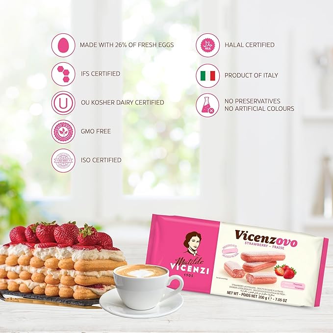 Matilde Vicenzi Vicenzovo Pink Ladyfingers 14.10oz - Italian Strawberry Biscuits, Ladyfingers Cookies for Tiramisu, Kosher Dairy Cookies, Italian Bakery Dessert 7.05 oz (200g), 2Pk