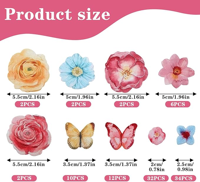 102pcs Edible Butterflies Flower Cupcake Toppers, Edible Cake Toppers Birthday Cupcake Toppers Cake Topper Decorations for Wedding Themed Party Cake Decoration Supplies
