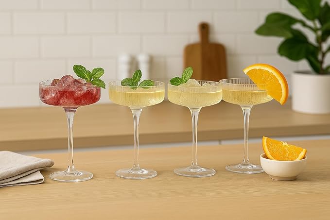 Khen Crystal Glass Ribbed Vintage Art Deco Coupe - 8oz. Set of 12 Crystal Glasses - Weddings & Parties, Champagne Tower, Hosting Essentials, Champagne & Cocktail Goblet Stemmed Ripple Coupes Glassware