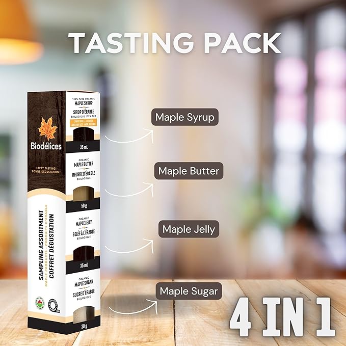 Biodelices Organic Maple Syrup, Maple Butter, Maple Jelly, and Maple Sugar - 100% Pure Maple Syrup - Tasting Pack - Premium Artisan, Natural and Authentic