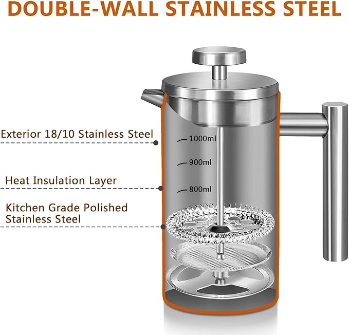 Large French Press Coffee Maker 50oz(1.5L), 304 Stainless Steel Double Wall Insulated Tea Press for Camping, Backpacking, Party, Gift Set, Dishwasher Safe (Silver, 6-8 Cups)
