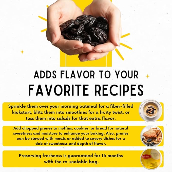 Sunbest Natural Jumbo Pitted Prunes – 5 lb Bulk Bag (80 oz) – Tender, Juicy & Nutrient-Rich Dried Prunes – High in Fiber & Antioxidants – Kosher Certified Dried Plums for Snacking & Cooking