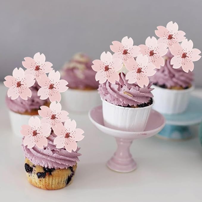 40 Pack Edible Cherry Blossom Cake Toppers Cherry Flowers Cupcake Toppers Rice Paper Wafer Paper Cake Picks for Cherry Blossom Theme Baby Shower Bridal Shower Kids Birthday Cake Decorations Pink