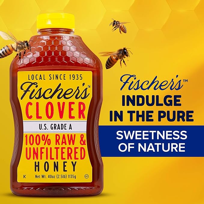 Fischer’s 100% Pure Clover Honey, 40 oz – Unfiltered Raw Honey in a Squeeze Bottle – All-Natural Sweetener – Rich Flavor Profile, Packed with Nutrients