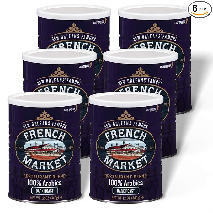 French Market Coffee & Chicory Restaurant Blend Dark Roast Ground Coffee, 12oz Can (Pack of 6)