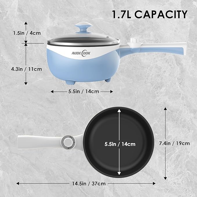 Audecook Hot Pot Electric, 1.7L Mini Electric Skillet Portable Nonstick Saut챕 Pan with Power Adjustment, Rapid Noodles Cooker Travel Multicooker for Steak/Soup/Egg/Oatmeal/Noodles