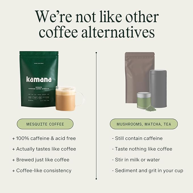 Kamana Caffeine Free Coffee Alternative - 100% Mesquite, Medium Roast Coffee Substitute - Smooth & Rich, Low Acid Superfood Adaptogen Drink for Immunity, Gut Health, Energy and Focus (28 Servings)