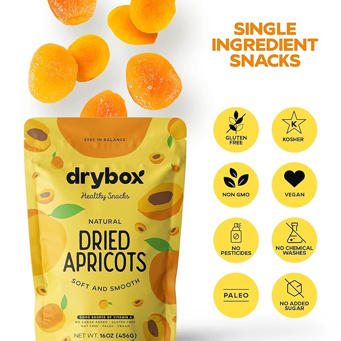 Drybox Dried Turkish Apricots No Sugar Added 2 Pack, Unsweetened Non-GMO | Dry Apricot Snacks | All Natural Mediterranean Dried Fruit Resealable 1 lb per pack, Total 2 lbs