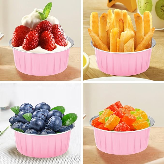 100Pack Alluminum Cupcake Containers, 5oz Dessert Cups with Lids, Mini Cake Pans With Lids&Spoons for Gift Holiday Birthday Party Cake Baking Sales Mini Storage Box Stackable Portable (pink)